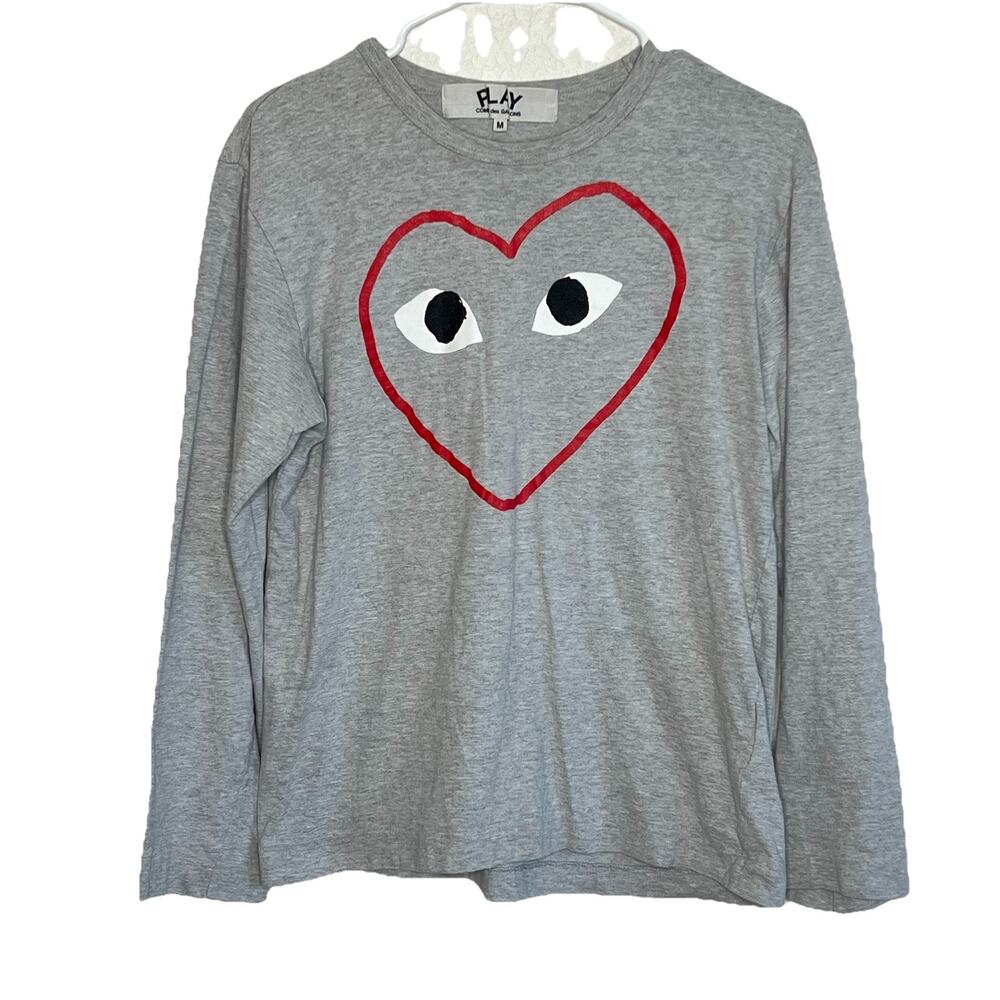 Comme des Garcons Gray Long Sleeve Tee with Red Heart Graphic